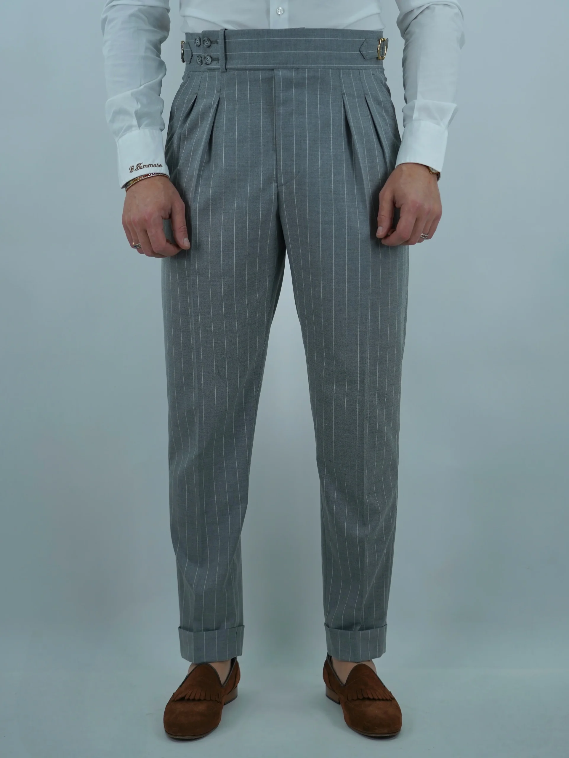 Gurkha 4 Bottoni - Fondo 17/20cm | Doppia Fibbia Regolabile | Grigio Gessato