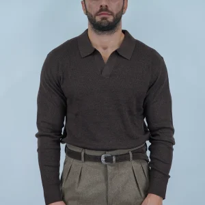 Polo senza bottoni in filo caffè