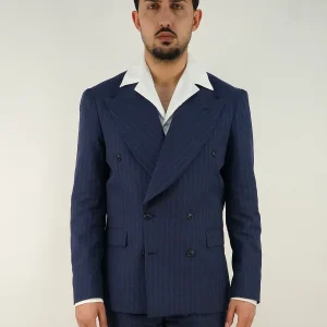 Abito doppiopetto petto a lancia - Linea Extensive | Blu gessato rigo marrone