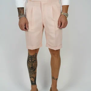 Bermuda 4 bottoni in lino - Fibbie stringenti laterali | Rosa