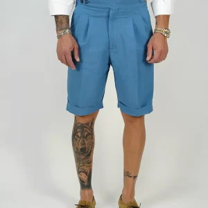 Bermuda 4 bottoni in lino- Fibbie stringenti laterali | Azzurro