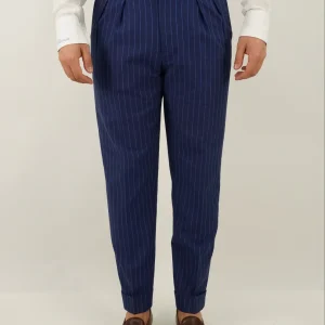 Gurkha 4 bottoni - Fondo 17/20cm | Doppia fibbia regolabile | Blu gessato rigo azzurro