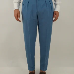 Gurkha in lino azzurro con fibbia laterale regolabile