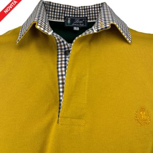 POLO Uomo Piquet Manica Lunga Senape Collo Quadretti