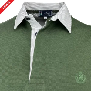 POLO Uomo Piquet Manica Lunga Verde Oliva Collo Rigatino
