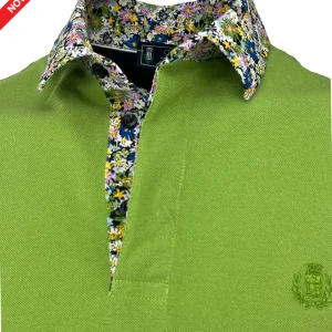POLO Uomo Piquet Manica Lunga Verde Brillante Collo Fantasia Fiori