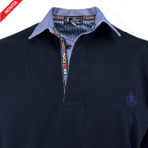 POLO Uomo Piquet Manica Lunga Blu Navy Collo Oxford