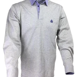 POLO Piquet Grigio melange collo a righe bianche e blu